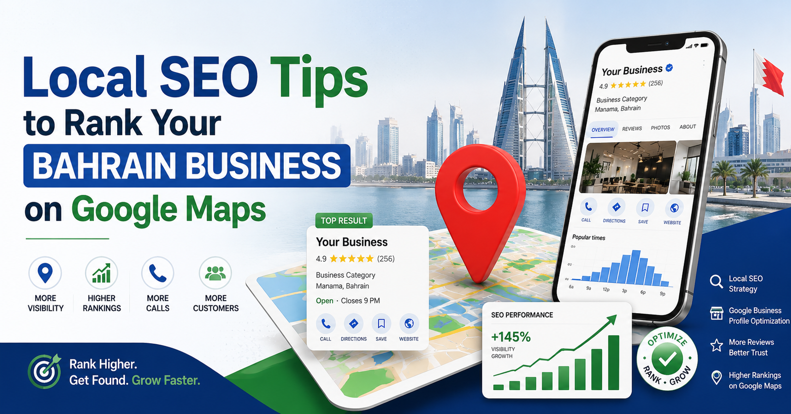 Local SEO Bahrain guide featuring Google Maps optimization, Google Business Profile, and local business ranking strategies.